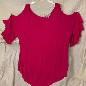 Hot pink, open shoulder, flare, short sleeve top